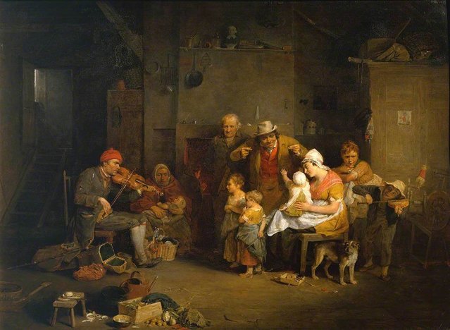 The Blind Fiddler by David Wilkie — a fiddler playing for a family in a cottage