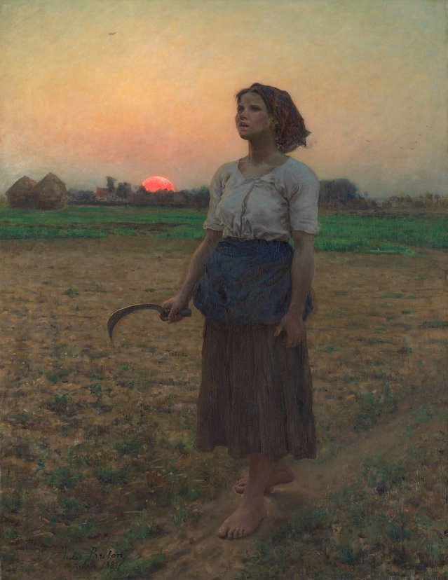 Song of the Lark by Jules Breton — a young woman pausing in a field at dawn to listen to birdsong